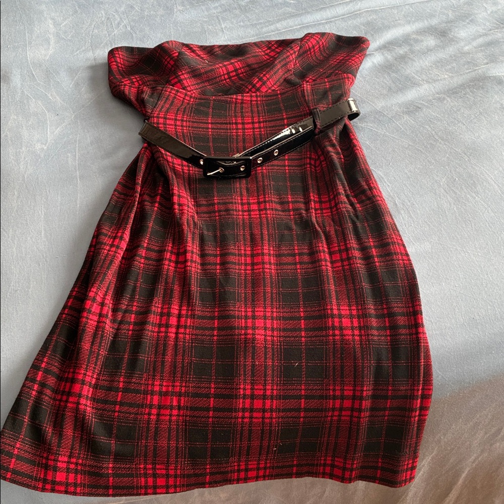Red and Black Plaid Dress with Belt